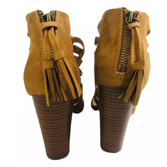 JustFab Womens Romina Cognac Strappy Peep Toe Faux Suede Heeled Sandals Size 10 - Picture 8 of 9